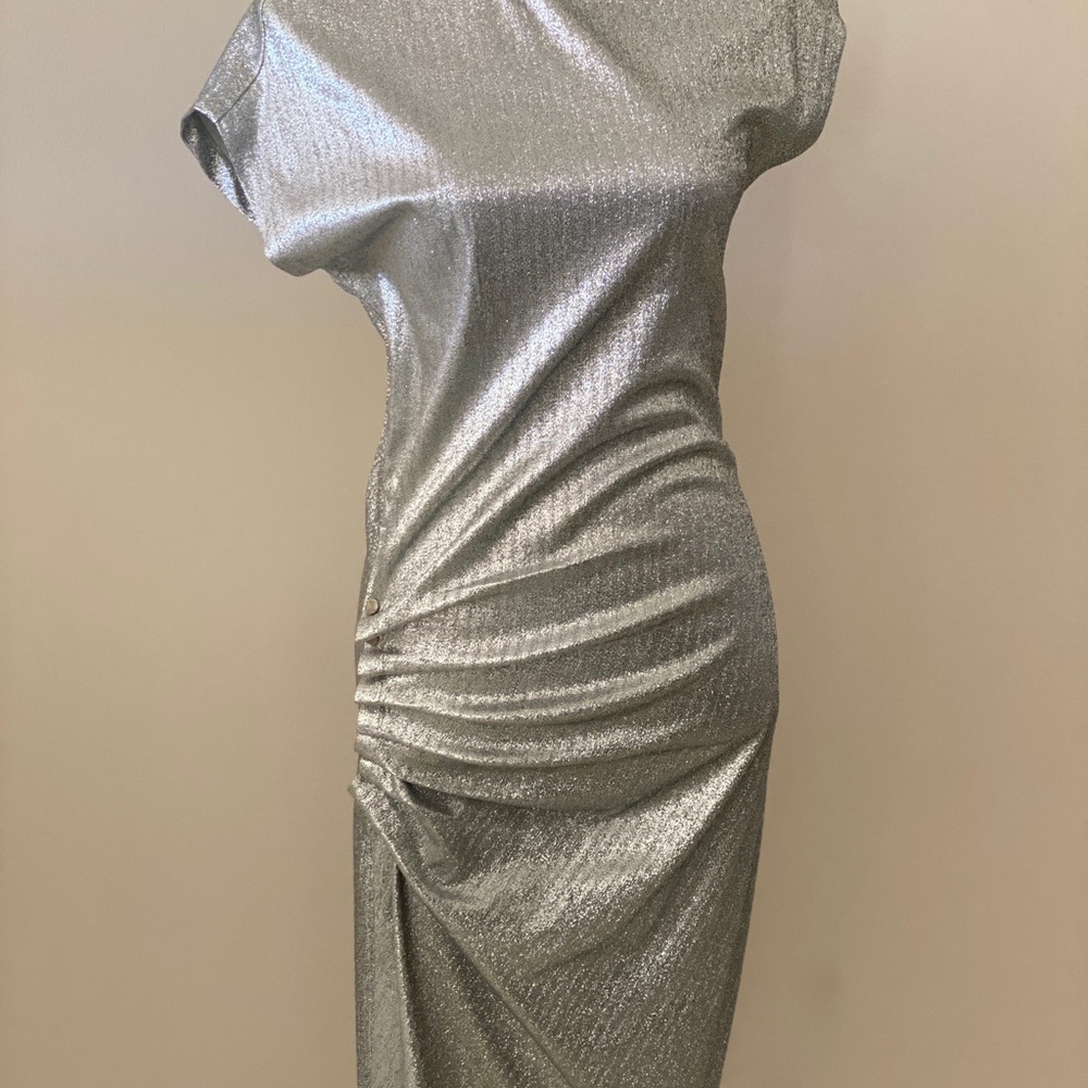 Paco Rabanne Metallic Silver Asymmetrical Ruched Dress - Picture 7 of 10